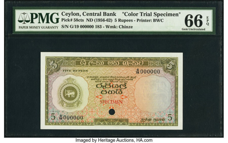 Ceylon Central Bank of Ceylon 5 Rupees ND (1956-62) Pick 58cts Color Trial Speci...