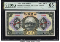 China Bank of China, Shanghai 5 Yuan 1926 Pick 66s S/M#C294-160 Specimen PMG Gem Uncirculated 65 EPQ. Two POCs are present on this example. 

HID09801...