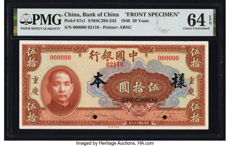 China Bank of China 50 Yuan 1940 Pick 87s1 S/M#C294-243 Front Specimen PMG Choic...