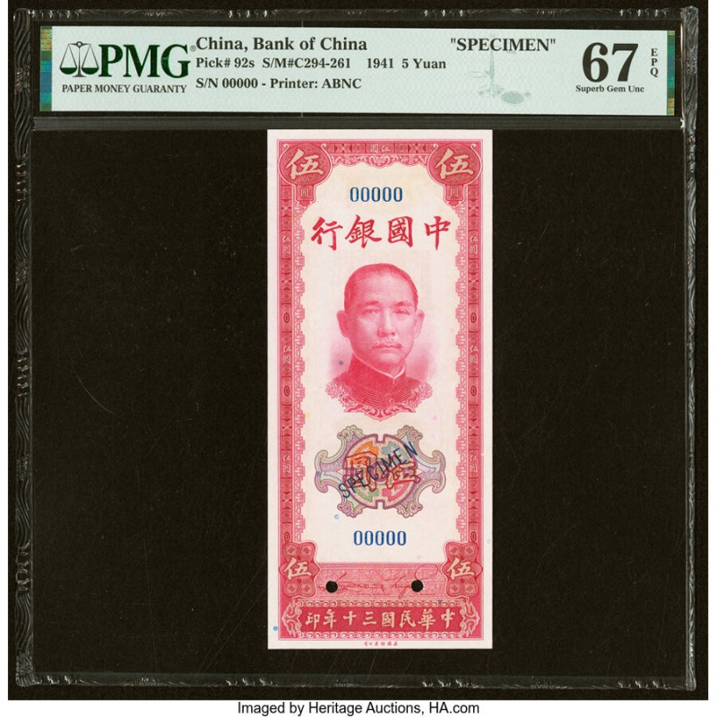 China Bank of China 5 Yuan 1941 Pick 92s S/M#C294-261 Specimen PMG Superb Gem Un...