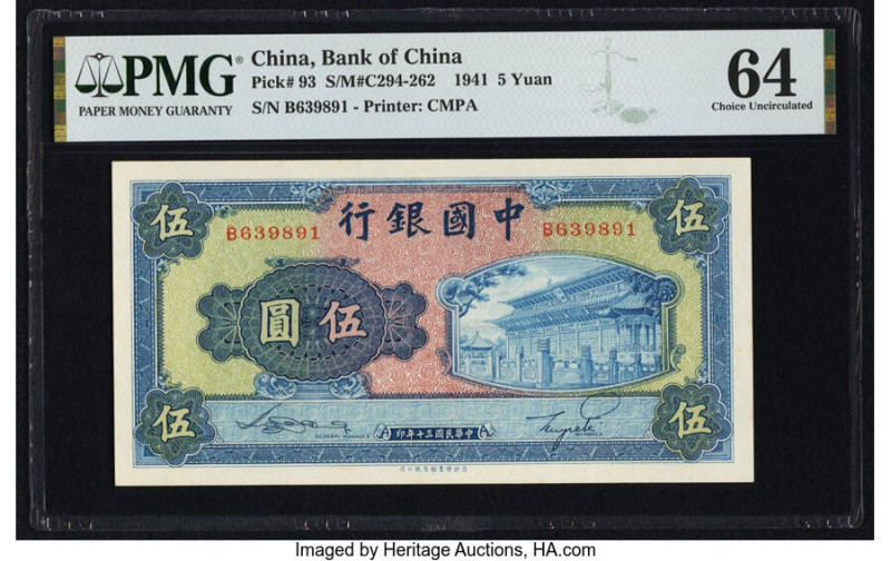 China Bank of China 5 Yuan 1941 Pick 93 S/M#C294-262 PMG Choice Uncirculated 64....