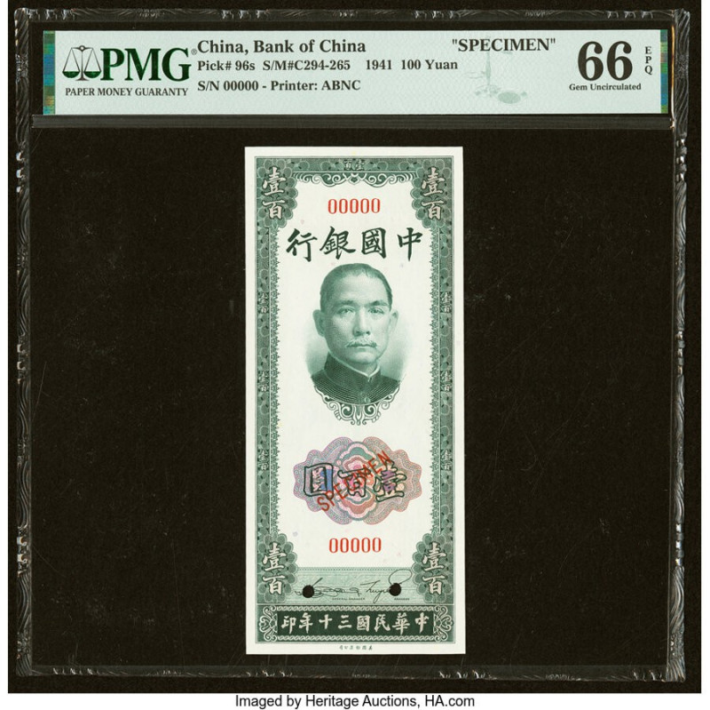 China Bank of China 100 Yuan 1941 Pick 96s S/M#C294-265 Specimen PMG Gem Uncircu...