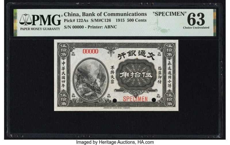 China Bank of Communications 500 Cents 1.1.1915 Pick 122As S/M#C126 Specimen PMG...