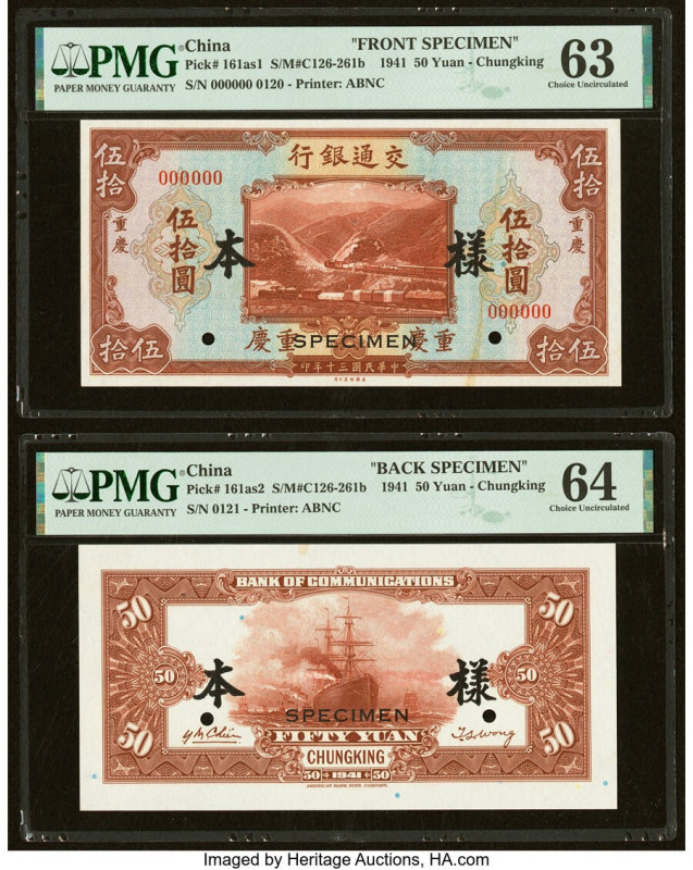 China Bank of Communications, Chungking 50 Yuan 1941 Pick 161as1; 161as2 Front a...