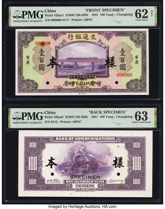 China Bank of Communications, Chungking 100 Yuan 1941 Pick 162as1; 162as2 Front ...