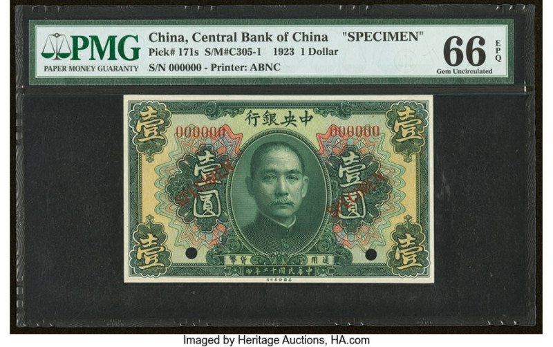 China Central Bank of China 1 Dollar 1923 Pick 171s S/M#C305-1 Specimen PMG Gem ...