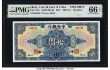 China Central Bank of China, Shanghai 10 Dollars 1928 Pick 197s S/M#C300-42 Specimen PMG Gem Uncirculated 66 EPQ. Two POCs. 

HID09801242017

© 2022 H...