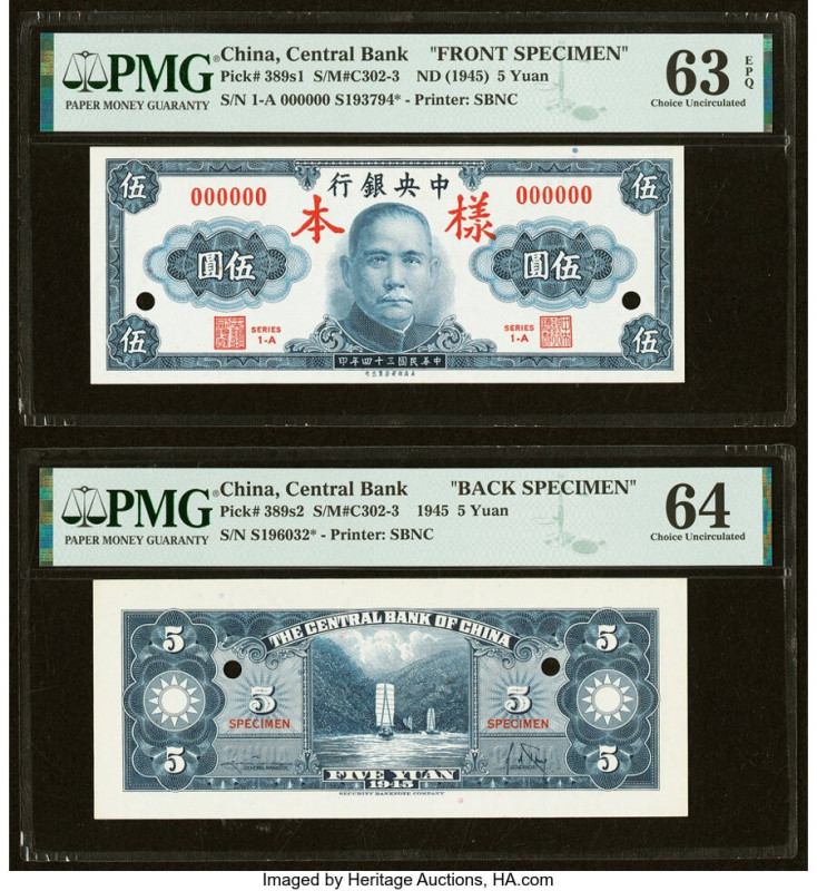 China Central Bank of China 5 Yuan 1945 Pick 389s1; 389s2 Front and Back Specime...