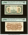 China People's Bank of China 10,000 Yuan 1949 Pick 854cs1; 854cs2 Front and Back Specimen PMG Uncirculated 62; Choice Uncirculated 63. Paper pulls are...