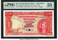 New Zealand Reserve Bank of New Zealand 50 Pounds ND (1955-56) Pick 162bs Specimen PMG About Uncirculated 55. Cancelled with 1 punch hole and previous...