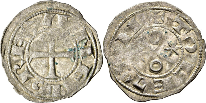Alfonso VI (1073-1109). Dinero. Vellón. Cruz patada y anillos y estrellas afront...