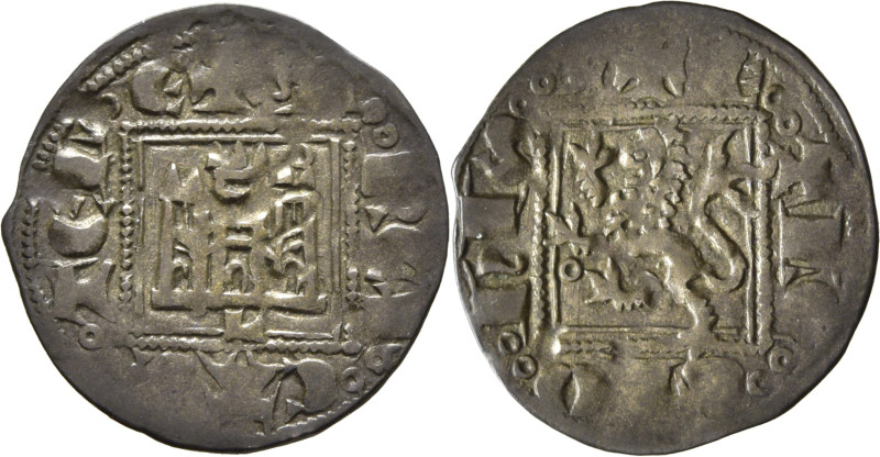 Alfonso XI (1312-1350). Novén. Vellón. León. Castillo y león. Anillo sobre casti...