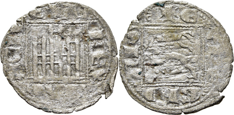 Alfonso XI (1312-1350). Novén. Vellón. Sin ceca. Castillo y león. Tres puntos al...
