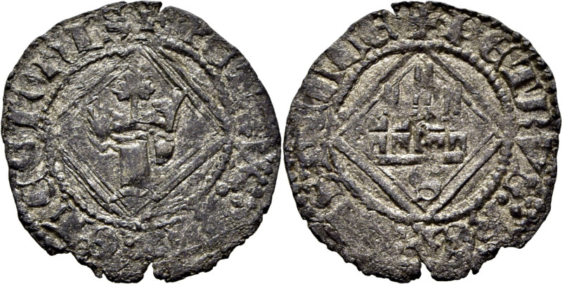 Pedro I (1350-1368). Sevilla. ¿Maravedí de 10 dineros? Vellón. P coronada y cast...