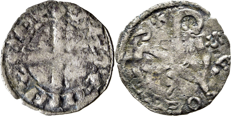 Alfonso IX (1188-1230). Dinero. Vellón. Santiago de Compostela. Cruz flordelisad...