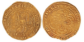 Half gouden schild (met arend). Vlaanderen. Brugge. Lodewijk van Male. Z.j. (1352 - 1353). Zeer Fraai +.
Vanhoudt G2598. 2,24 g.