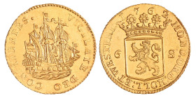 Scheepjesschelling van 6 stuiver. Afslag in goud. Holland. 1762. Prachtig +.
Opgewreven. CNM 2.28.116. Delm. 816. 6,75 g.