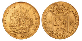 Scheepjesschelling van 6 stuivers. Afslag in goud. Holland. 1762. Fraai +.
Montage sporen. CNM 2.28.116. Delm. 816. 6,83 g.