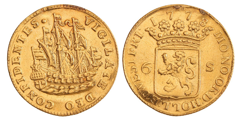 Scheepjesschelling van 6 stuivers. Afslag in goud. Holland. 1778. Fraai +.
Mont...