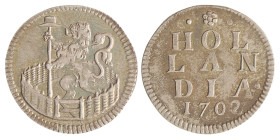 Duit. Afslag in zilver. Holland. 1702. Zeer Fraai +.
CNM 2.28.126. 3,20 g.