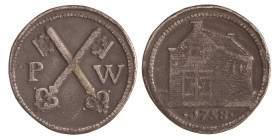 Nederland. Leiden. 1758. Turfloodje van de Diaconie van de Waalse kerk.
Pb. 34 mm. 13,74 g. Zeer Fraai.
