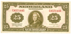 Nederland. 25 gulden. Muntbiljet. Type 1943 II. Type Wilhelmina. - Prachtig.
(Alm. 79-1). (AV 51.1 / PL 64.a). Serienummer CA571445. - Prachtig.