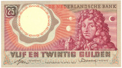 Nederland. 25 gulden . Bankbiljet. Type 1955. Type Huygens. - Prachtig +.
(Alm. 83-1b). (AV 55.1b / PL 68.c). Serienummer BTA037412. - Prachtig +.