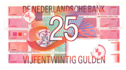 Nederland. 25 gulden . Bankbiljet. Type 1989. Type Roodborstje. - UNC.
(Alm. 85-1). (AV 57.1 / PL 71.a). Serienummer 2530128943. watermerk 1 mm. onde...