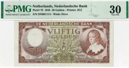 Nederland . 50 gulden . Bankbiljet. Type 1945. Type Stadhouder Willem II. - Zeer Fraai.
(Alm. 99-1). (AV 67.1 / PL 82.a). Serienummer DN001114. PMG-3...