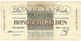 Nederland. 100 gulden . Bankbiljet. Type 1945. - Fraai.
(Alm. 119-1b). Serienummer AW028133. Hoge handtekening. - Fraai.