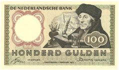 Nederland. 100 gulden . Bankbiljet. Type 1953. Type Erasmus. - Prachtig.
(Alm. 121-1). (AV 85.1b / PL 102.b). Serienummer 3TS014601. - Prachtig.