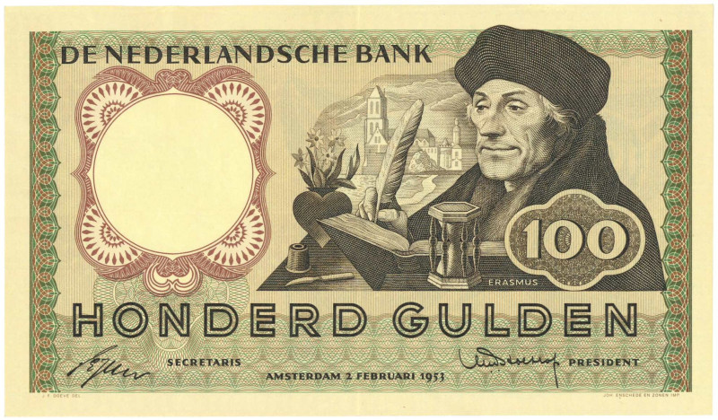 Nederland. 100 gulden. Bankbiljet. Type 1953. Type Erasmus. - Zeer Fraai.
(Alm....