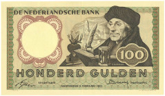 Nederland. 100 gulden. Bankbiljet. Type 1953. Type Erasmus. - Zeer Fraai.
(Alm. 121-1). (AV 85.1b / PL 102.b). Serienummer 1OE 008456. - Zeer Fraai.