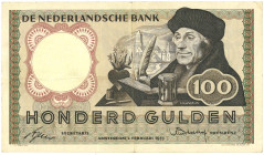 Nederland. 100 gulden. Bankbiljet. Type 1953. Type Erasmus. - Fraai.
(Alm. NVMH 121-1.var.). (AV 85.1b.2 / PL 102.b2). Serienummer 1GQ071865. - Fraai...
