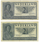 Nederland. 2x 2½ gulden. Juliana. Type 1949. - Fraai.
(Alm. 16-1b). (AV 14.1a / PL 17.a). Serienummer 4UC018058/6GA072863. - Fraai.