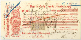 Netherlands-Indies. 3570 gulden. bill of exchange. Type 1873. Type Batavia. - Very fine.
Serienummer 13469. With stamp on frontside. - Very fine.