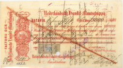 Netherlands-Indies. 5000 gulden . bill of exchange. Type 1877. Type Batavia. - Fine -.
Serienummer 1595. With 2,5 gulden stamp on front side. - Fine ...