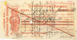 Netherlands-Indies. 10000 gulden. bill of exchange. Type 1879. Type Batavia. - Fine -.
Serienummer 3854. With stamp on backside. - Fine -.
