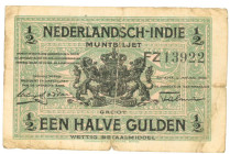 Netherlands-Indies. ½ gulden . Currency note. Type 1920. - Very good.
(M. 162.a / Pick 102 / PL NI 21.1b). Serienummer FZ13922. - Very good.