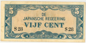 Netherlands-Indies . 5 cent. Banknote. Type 1942. Type Japanese occupation. - Fine / Very fine.
(M. 201.c / Pick 120.a / PL NI 25.2.b2). Serienummer ...