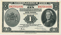 Netherlands-Indies. 1 gulden . Currency note. Type 1943. Type Wilhelmina II. - Extremely fine.
(M. 168.b / Pick 111.a / PL NI 28.2.b). Serienummer AN...