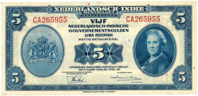 Netherlands-Indies. 5 gulden . Currency note. Type 1943. Type Wilhelmina II. - Very fine.
(M. 170.a / Pick 113.a / PL NI 28.4.a). Serienummer CA26595...