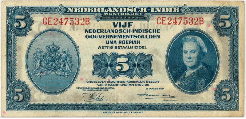Netherlands-Indies. 5 gulden . Currency note. Type 1943. Type Wilhelmina II. - F...