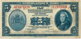 Netherlands-Indies. 5 gulden . Currency note. Type 1943. Type Wilhelmina II. - Fine / Very fine.
(M. 170.b / Pick 113.a / PL NI 28.4.b). Serienummer ...