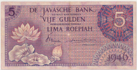 Netherlands-Indies. 5 gulden. Banknote. Type 1946. - Very fine / Extremely fine.
(M. 148.a / Pick 87 / PL NI 29.1.a). Serienummer AU013100. violet, 2...