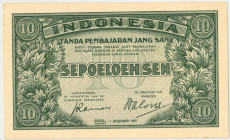 Netherlands-Indies. 10 sen. Banknote. Type 1947. - Very fine / Extremely fine.
(M. 419 / Pick 31 / PL NI 30.1.a). - Very fine / Extremely fine.