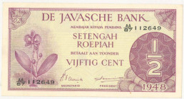 Netherlands-Indies. 50 cents. Banknote. Type 1948. - About UNC.
(M. 157.d / Pick 97 / PL NI 31.1.b2). Serienummer AA/87 112649. - About UNC.