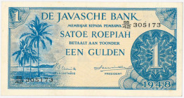 Netherlands-Indies. 1 gulden . Banknote. Type 1948. - Extremely fine.
(M. 158.d / Pick 98 / PL NI 31.2.b2). Serienummer BB/42-305173. - Extremely fin...
