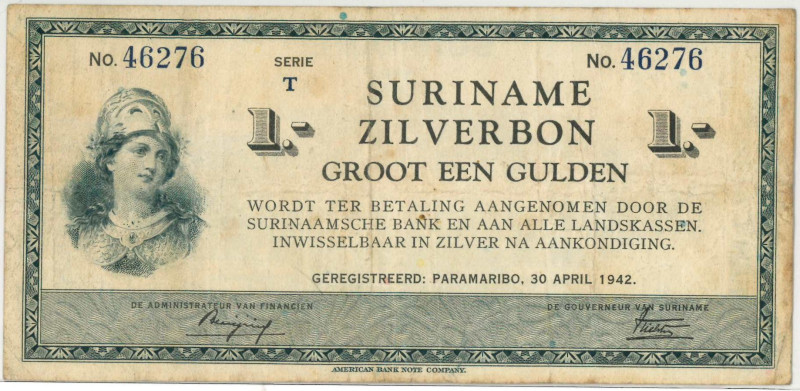 Suriname. 1 gulden. Silver voucher. Type 1942. - Fine +.
(Pick 105.c / PL S 12....
