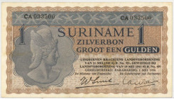 Suriname . 1 gulden . Silver voucher. Type 1956. Type Signature from Tilburg - Smit, Rare. - Extremely fine.
(Pick 108.b / PL S 14.1d ). Serienummer ...